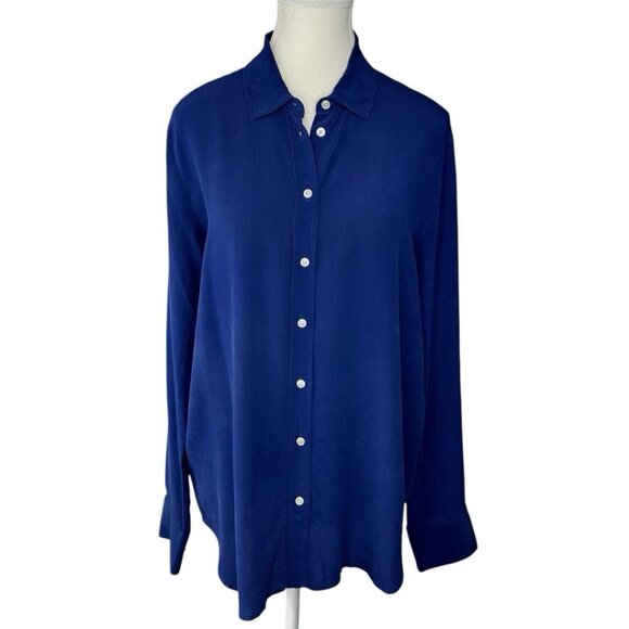 Everlane Women's Blue‎ The Clean Silk Relaxed Button Down Designer Shirt 8/C41 - Picture 1 of 12